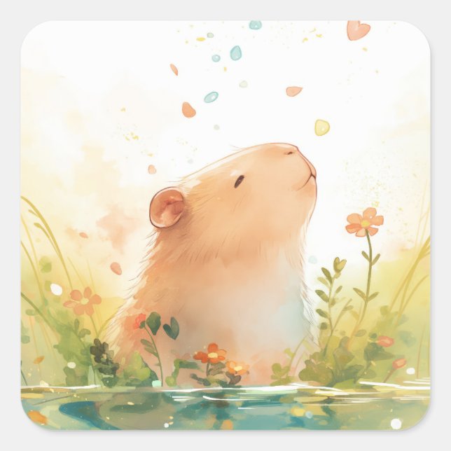 Capybara Water Garden Square Sticker (Front)