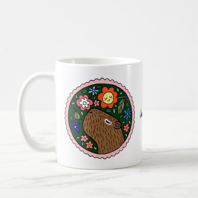 Capybara with flowers cute capybara art custom coffee mug (Left)