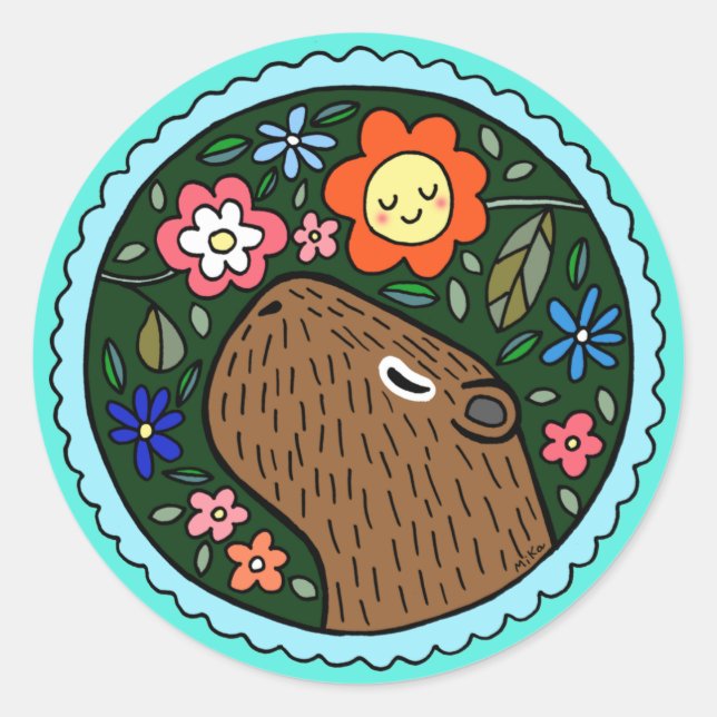 Capybara with flowers Cute Happy capybara Gift   Classic Round Sticker (Front)