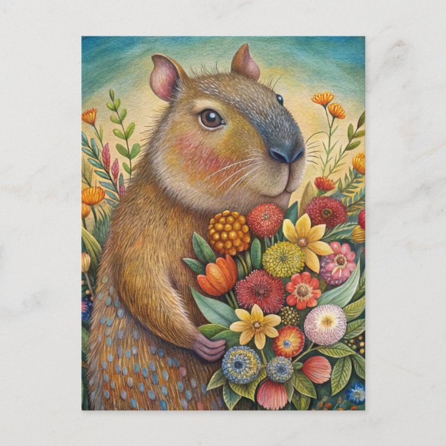 Capybara with flowers funny and cute postcard (Front)