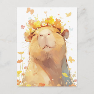 Capybara with Yellow Flower Crown and Butterflies Postcard
