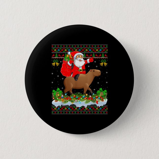 Capybara Xmas Pajamas Ugly Santa Riding Capybara C 2 Inch Round Button (Front)
