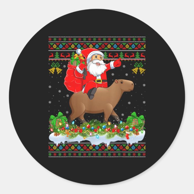 Capybara Xmas Pajamas Ugly Santa Riding Capybara C Classic Round Sticker (Front)