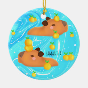 Capybaras In Water With Oranges Ceramic Ornament