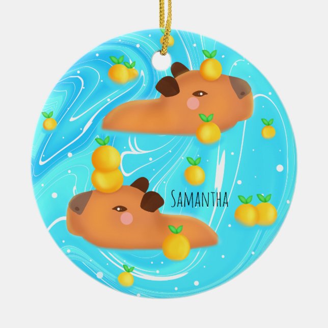 Capybaras In Water With Oranges Ceramic Ornament (Front)