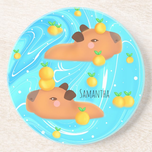 Capybaras In Water With Oranges Coaster (Front)