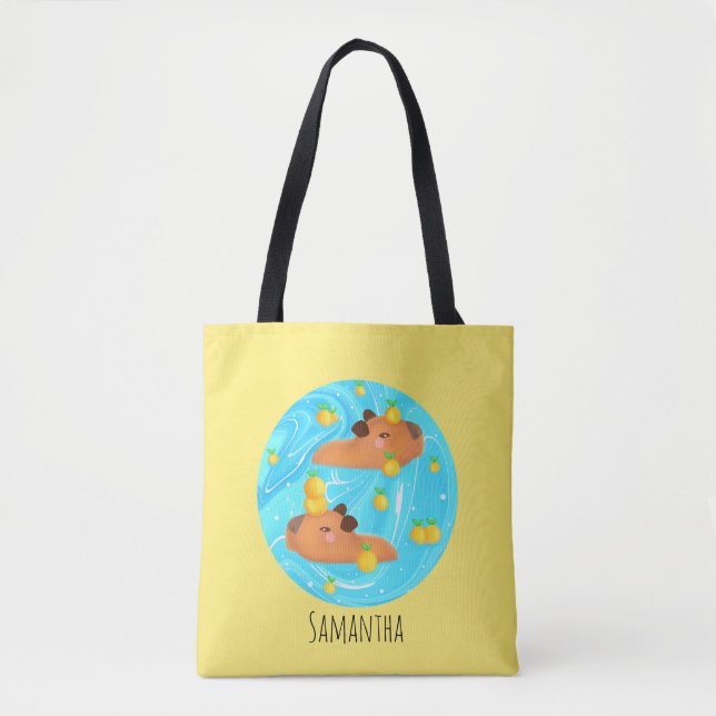 Capybaras In Water With Oranges Tote Bag (Front)