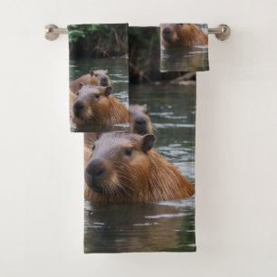 Capybaras' Swimming In The River, Bath Towel Set