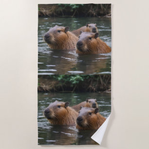 Capybaras' Swimming In The River,  Beach Towel