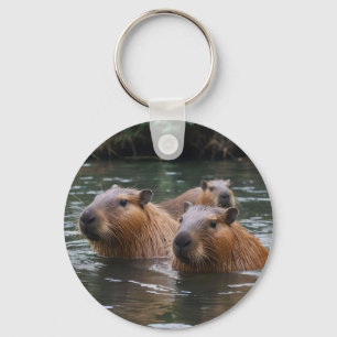 Capybaras' Swimming In The River, Keychain