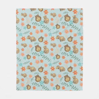Capybaras with flowers green fleece blanket