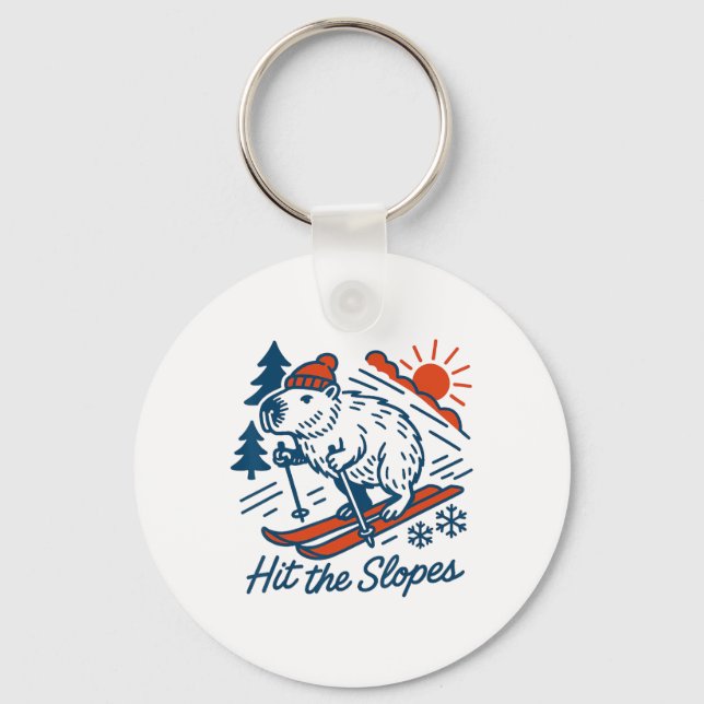 Capyra Shredding The Slopes Winter Mountain Skiing Keychain (Front)