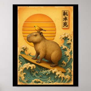 Capyra Surfing Wave Japanese Vintage Ukiyo-e Art Poster