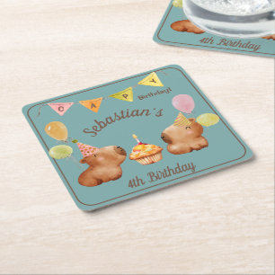Capy's Cutest Birthday Fiesta Square Paper Coaster