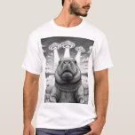 Capyverse Chronicles: The UFO Selfie T-Shirt<br><div class="desc">Get ready for an intergalactic laugh! This black and white artwork features a hilarious capybara snapping a selfie with UFOs flying in the background. Blending surreal sci-fi with animal humour, this design is perfect for fans of quirky art, space themes, and capybara lovers alike. Ideal for stickers, t-shirts, posters, and...</div>