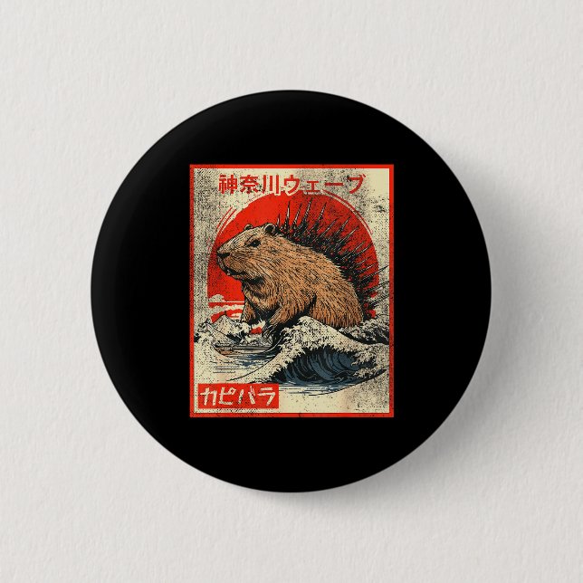 Capyzilla _ Kanagwa Wave Japan _ Cool Rodent Capyb 2 Inch Round Button (Front)