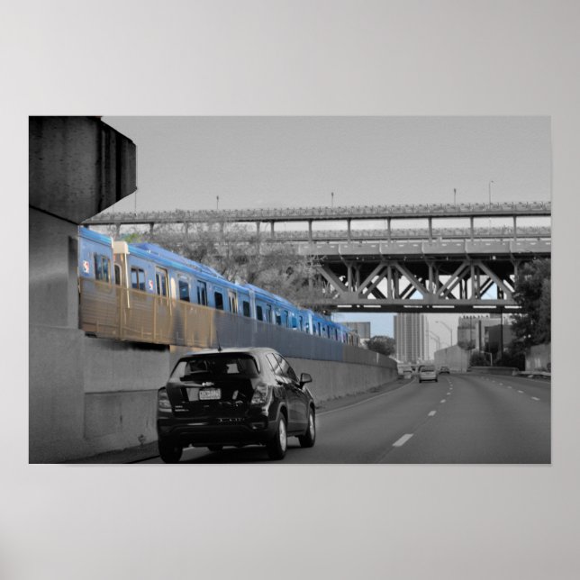 Car and Train Along Highway Poster (Front)