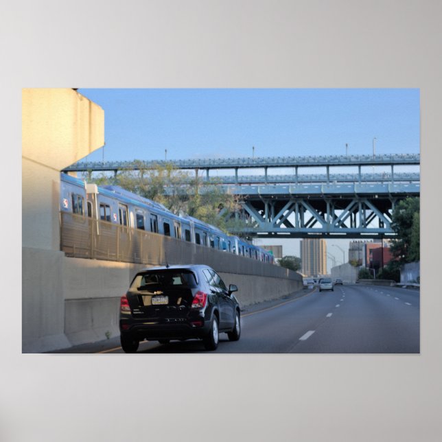 Car and Train Along Highway Poster (Front)