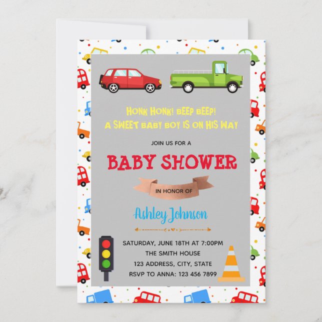 Car and truck baby shower invitation (Front)