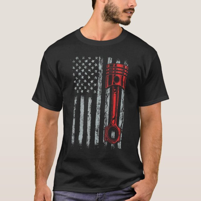 Car Enthusiast American Flag Piston Muscle Car Car T-Shirt (Front)