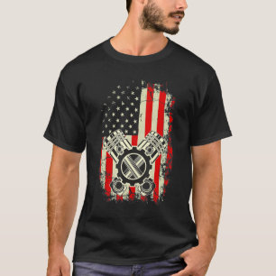 Car Enthusiast  American Flag Piston Muscle Car T-Shirt