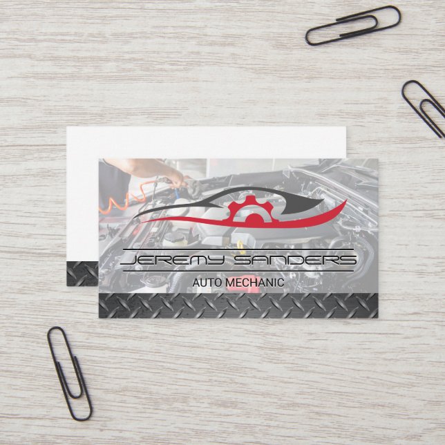 Car Gears Logo | Mechanic Working on Engine Business Card (Front/Back In Situ)