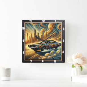Car-Inspired Abstract Cityscape and Vibrant Design Square Wall Clock