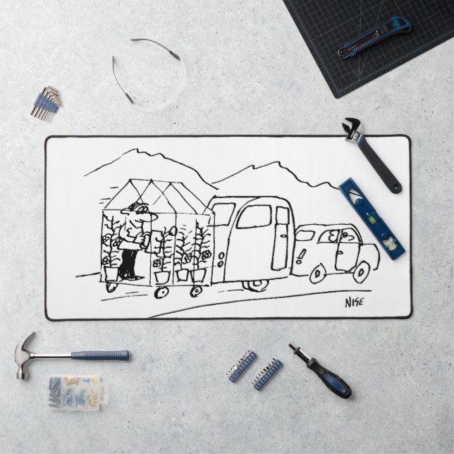 Car is Towing a Caravan and a Greenhouse. Funny Desk Mat (Workstation)