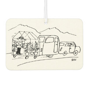Car is Towing a Caravan and also a Greenhouse Air Freshener