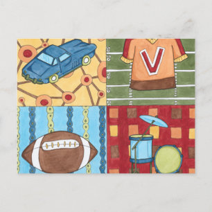 Car, Jersey, Football and Drum Kit Postcard