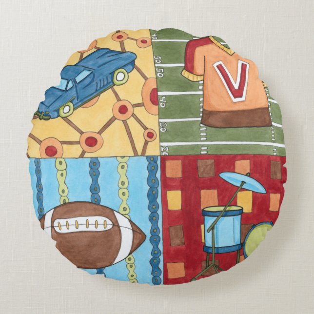 Car, Jersey, Football and Drum Kit Round Pillow (Front)