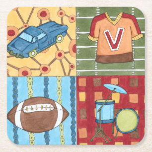 Car, Jersey, Football and Drum Kit Square Paper Coaster