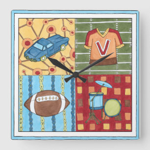 Car, Jersey, Football and Drum Kit Square Wall Clock