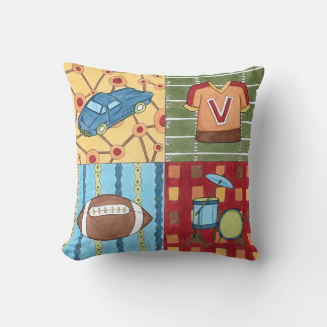 Car, Jersey, Football and Drum Kit Throw Pillow (Front)