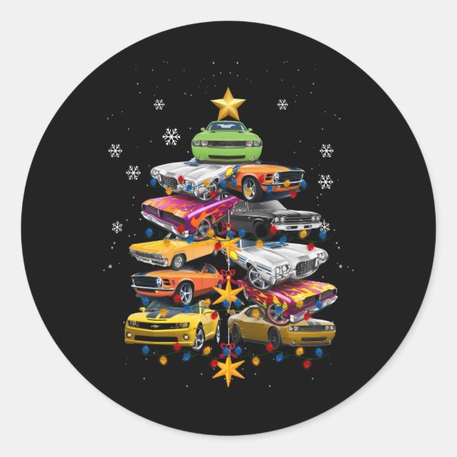 Car Madness Christmas Tree Classic Muscle Cars Xma Classic Round Sticker (Front)