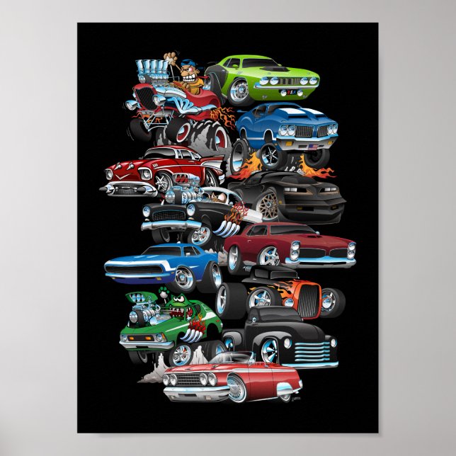 Car Madness! Muscle Cars and Hot Rods Cartoon Poster (Front)
