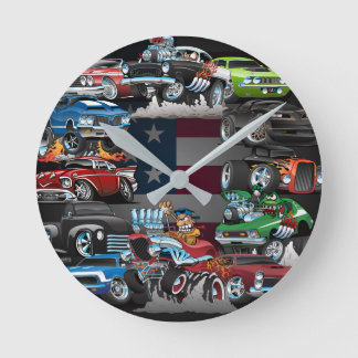 Car Madness! Muscle Cars and Hot Rods Cartoon Round Clock