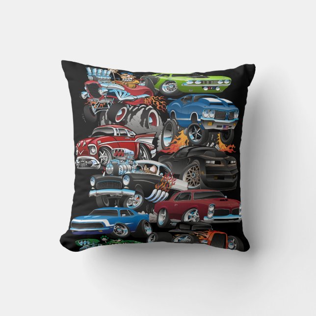 Car Madness! Muscle Cars and Hot Rods Cartoon Throw Pillow (Front)