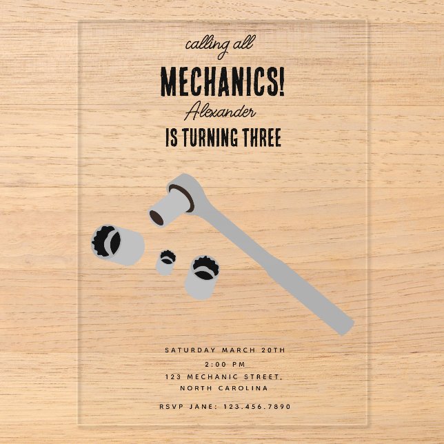 Car Mechanic Automotive Tools Boy Birthday Party Acrylic Invitations (Front)