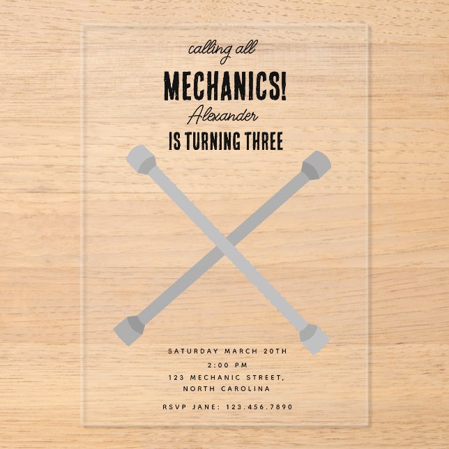 Car Mechanic Automotive Tools Boy Birthday Party Acrylic Invitations (Front)