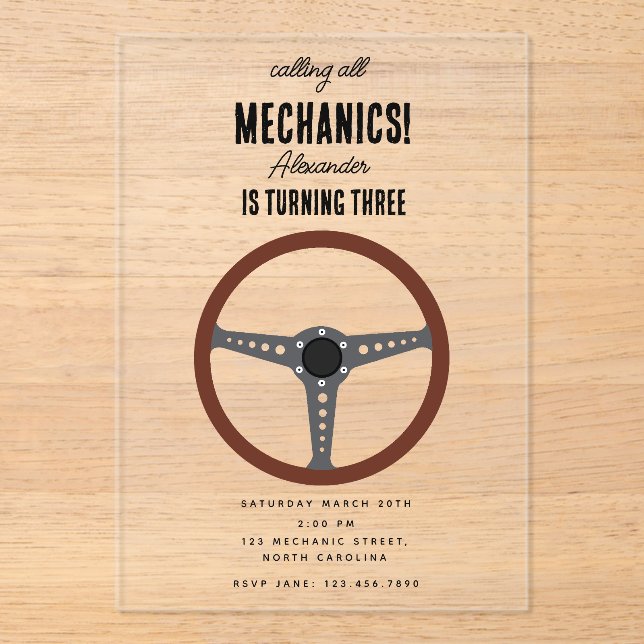 Car Mechanic Automotive Tools Boy Birthday Party Acrylic Invitations (Front)