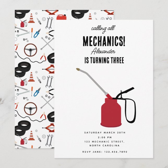 Car Mechanic Automotive Tools Boy Birthday Party Invitation (Front/Back)