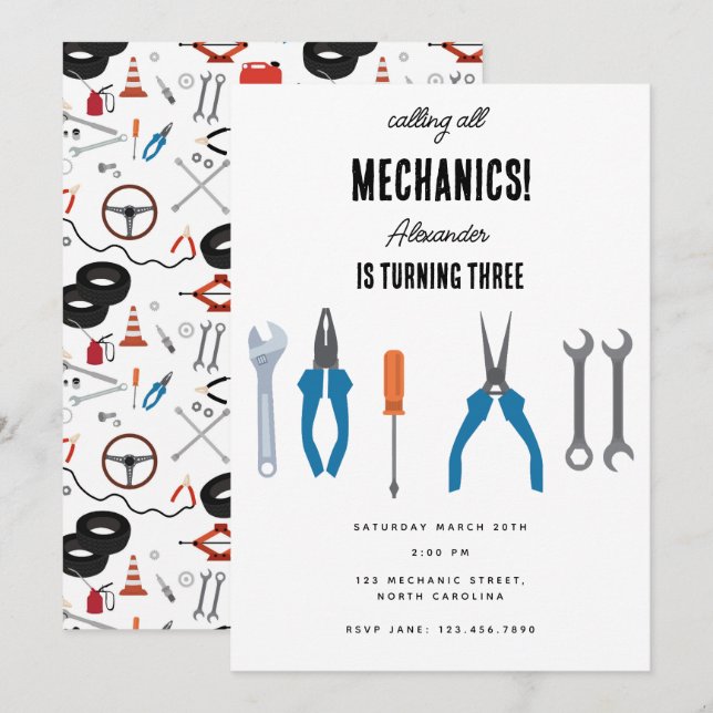 Car Mechanic Automotive Tools Boy Birthday Party Invitation (Front/Back)