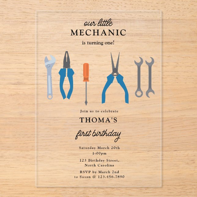 Car Mechanic Automotive Tools Boy First Birthday Acrylic Invitations (Front)