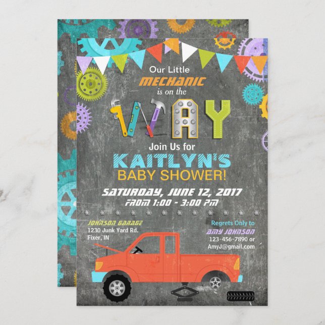 Car Mechanic Gears Tools Chalkboard Baby Shower Invitation (Front/Back)