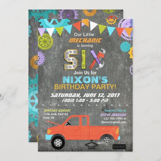 Car Mechanic Gears Tools Chalkboard Birthday Invitation (Front/Back)