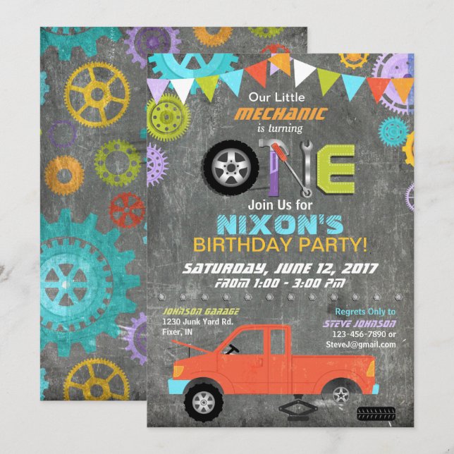Car Mechanic Gears Tools Chalkboard Birthday Invitation (Front/Back)