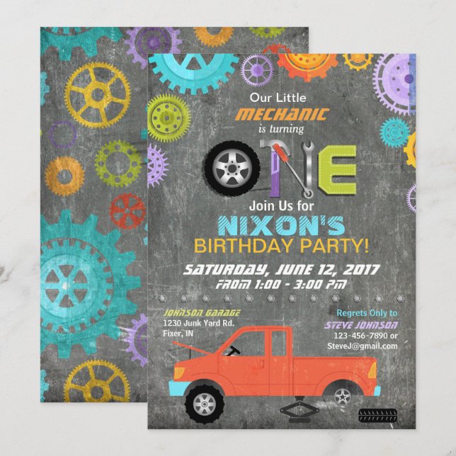 Car Mechanic Gears Tools Chalkboard Birthday Invitation (Front/Back)