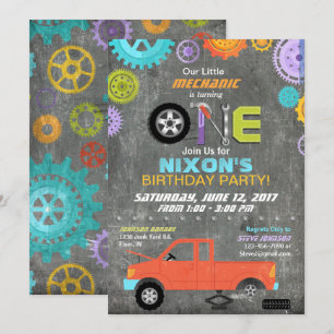 Car Mechanic Gears Tools Chalkboard Birthday Invitation