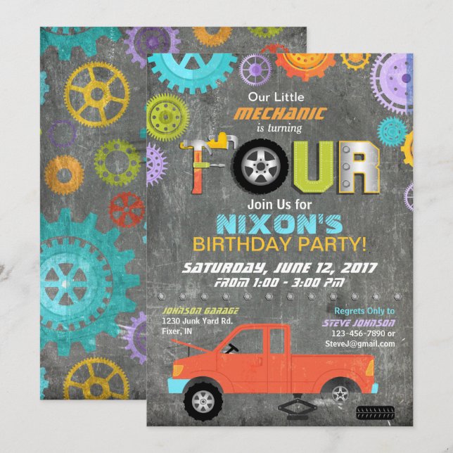 Car Mechanic Gears Tools Chalkboard Birthday Invitation (Front/Back)